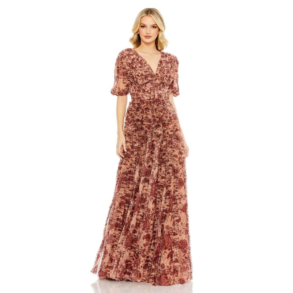 Mac Duggal Floral Tulle Pleated Maxi Evening Gown Mauve Size 8 NWT 8013